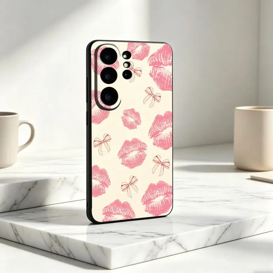 Case for Samsung Galaxy S26 S25 Edge S20 FE S23 S22 S24 Ultra Note 20 10 Ultra S21 Plus Phone Cover Cartoon Lip Print Bow