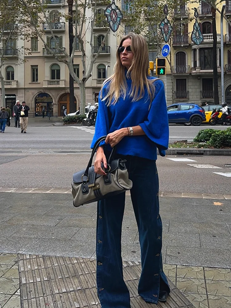 

Fashion High Neck Knit Sweater Women Loose Lazy Style Flare Sleeve Short Pullover Female 2026 Spring New Lady Street Knitwear