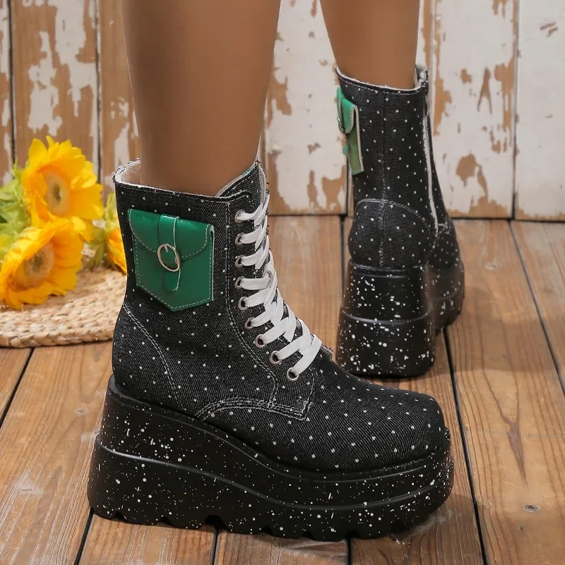 Spring New Round Head Mid-cylinder Canvas Platform Ankle Boots with Side Zipper Lace-up Fashion Boots