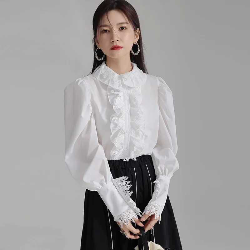 Lace Stitching Women Shirt Long Lantern Sleeve Tops Lady Elegant Palace Vintage Stand Neck Blouse Korean Style Trendy Party Tops