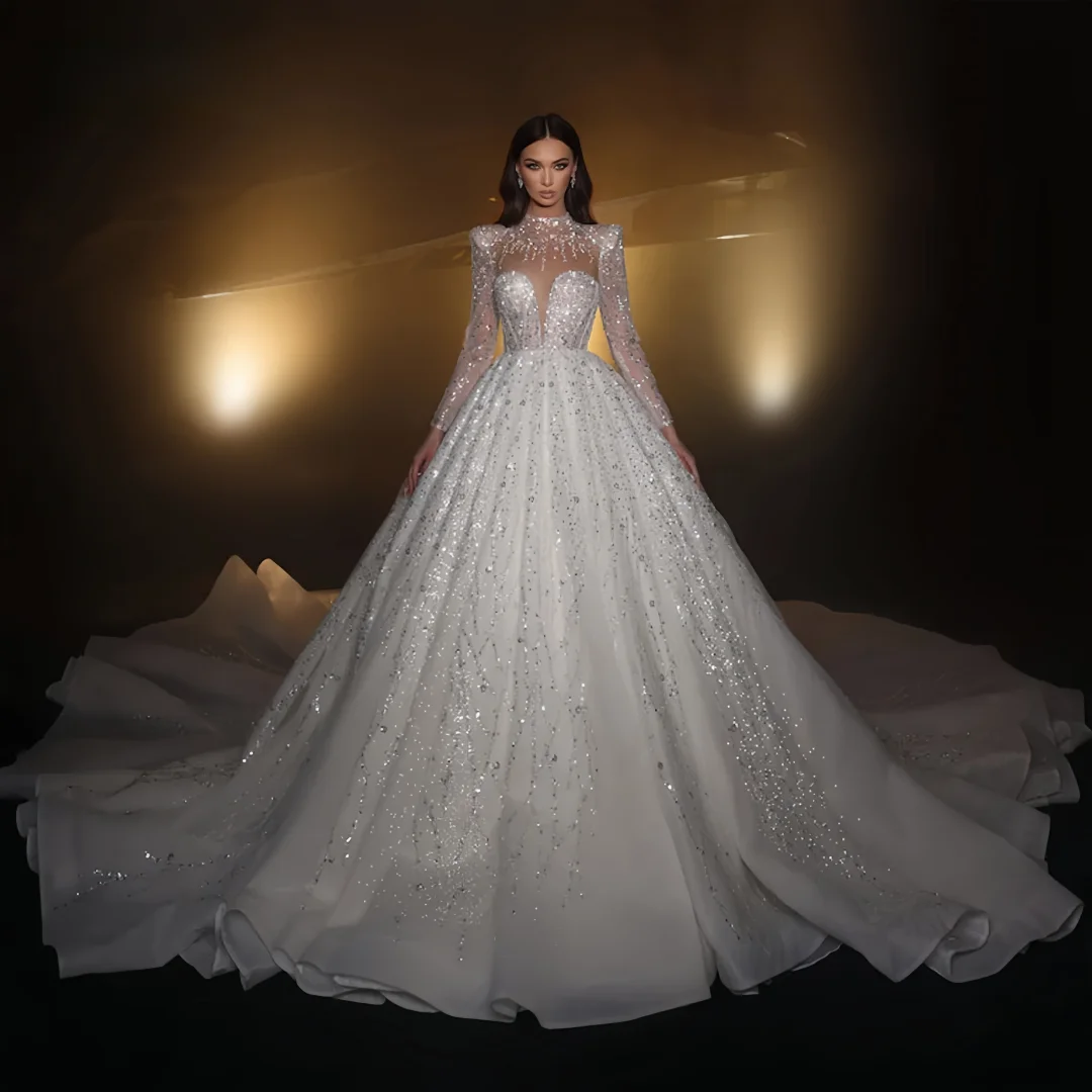 

Элегантное бальное платье по индивидуальному заказу, королевские свадебные платья с высоким воротом, Vestido De Novia, кружевное блестящее свадебное платье с блестками и шлейфом