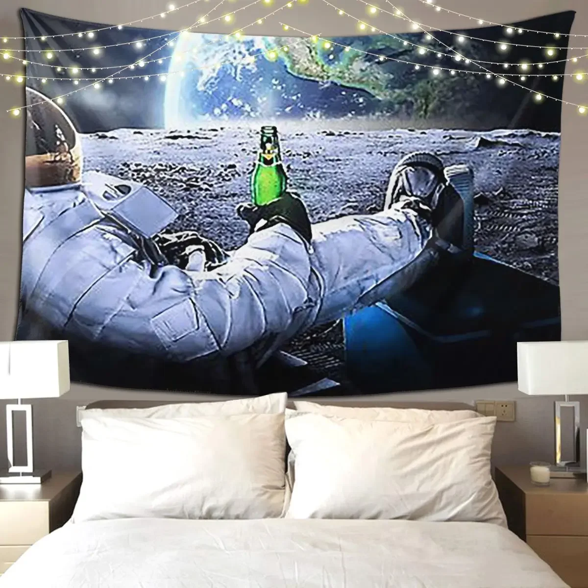 Astronaut On The Moon With Beer - Space Collage Tapestry Hippie Wall Hanging Home Tapestries for Living Room Bedroom Dorm Room