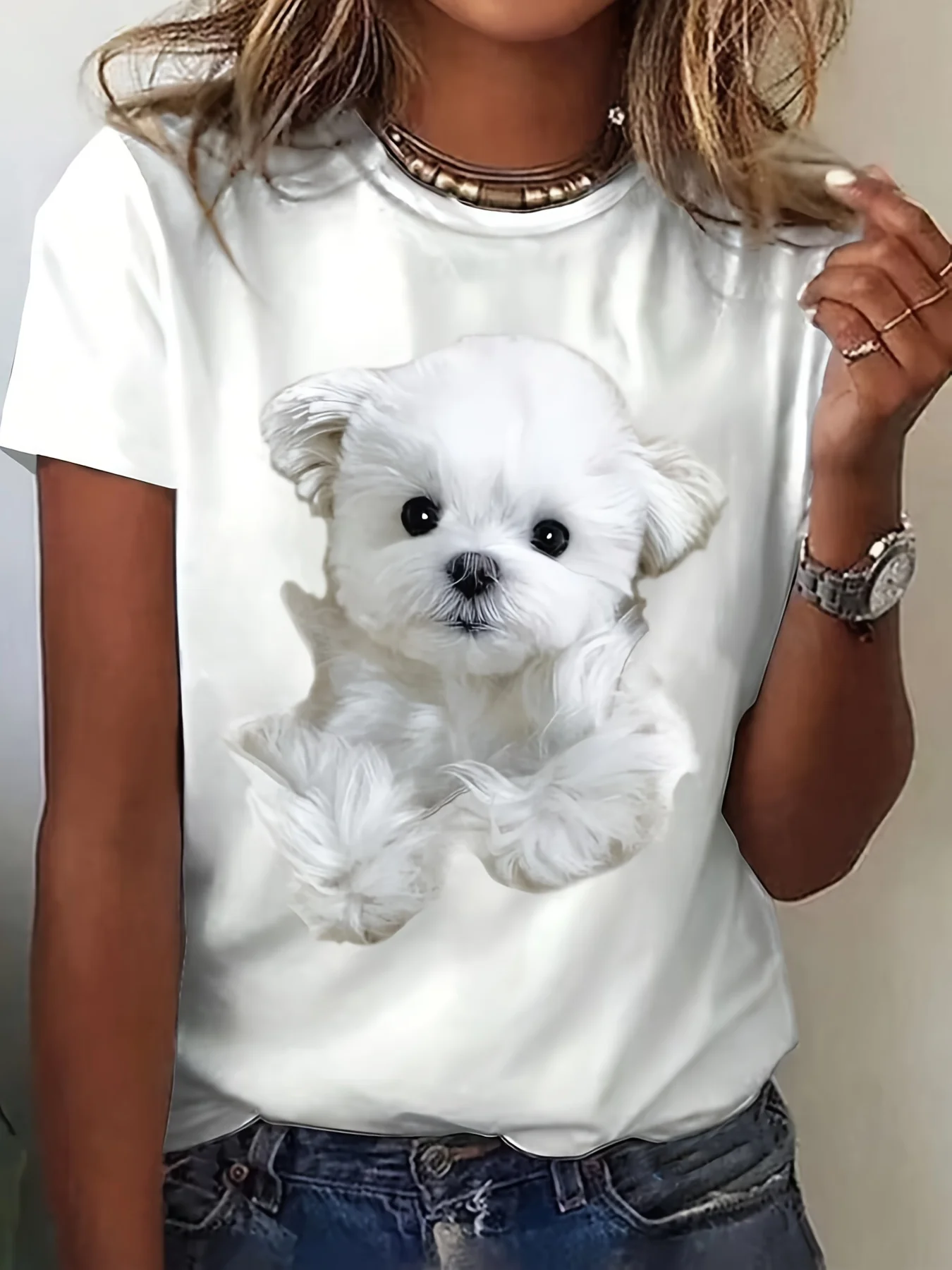 

White cute puppy print women's fashion T-shirt summer cute fashion women's top casual sweetheart trend women's T-shirt