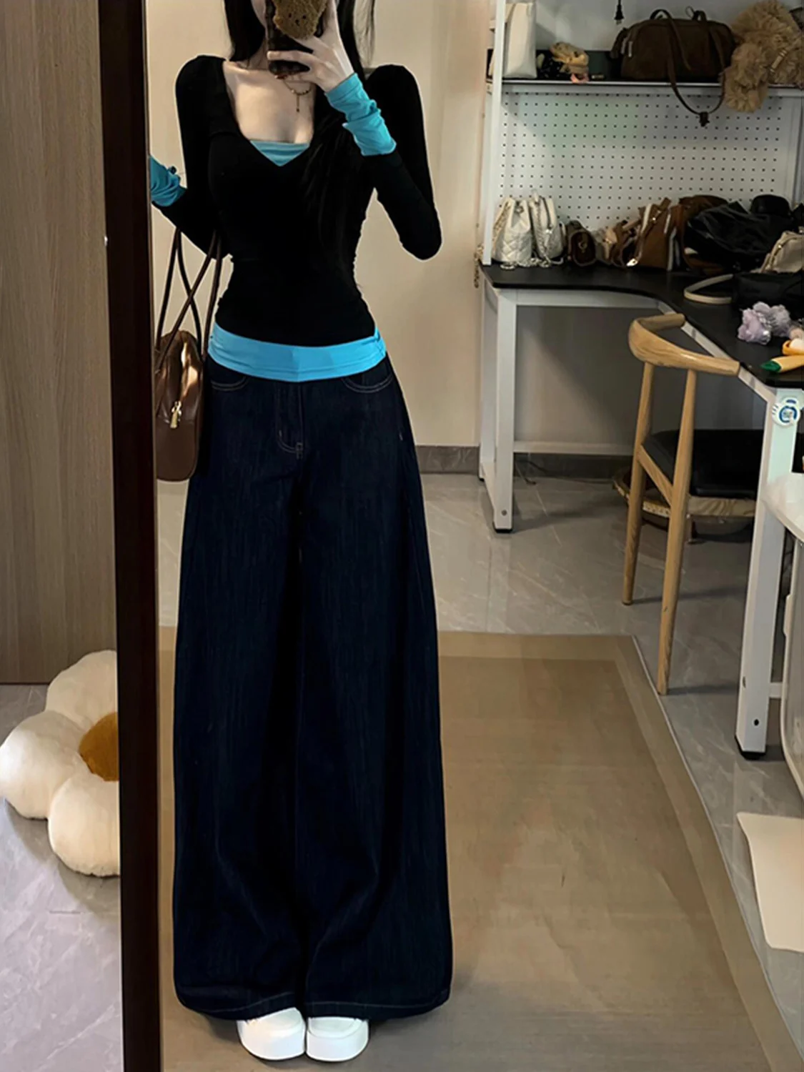 Camiseta Feminina de Outono Estilo Retrô Americano, Efeito Duas Peças, Manga Longa, Tamanho Pequeno, Cor Bloqueada, Ajuste Slim