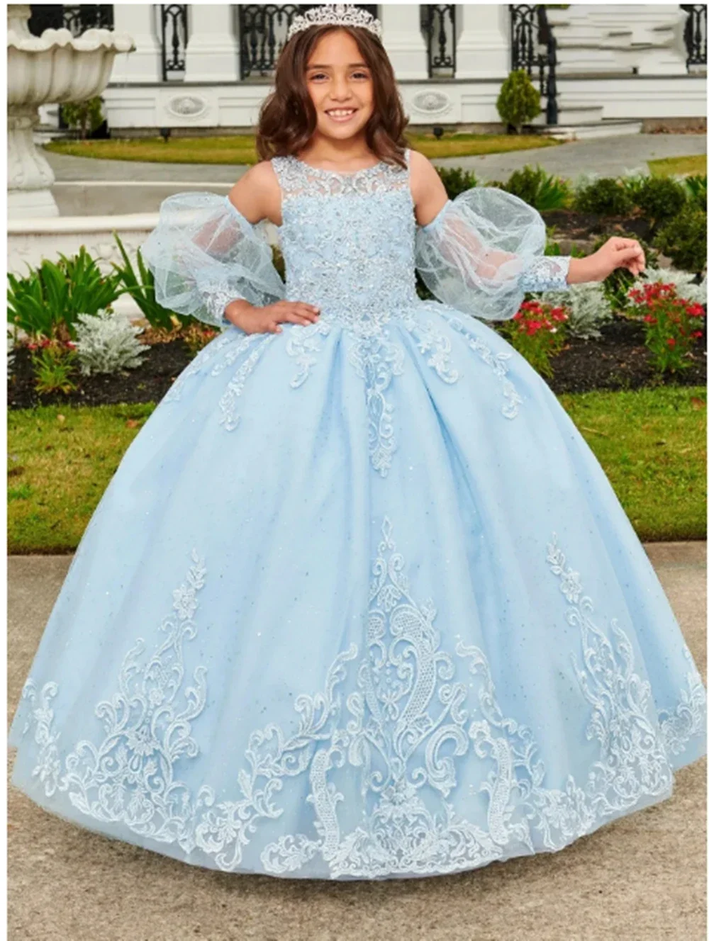 Vestido de niña de flores azules para boda, encaje rosa, cuello redondo, tul hinchado, apliques, primera comunión, cumpleaños, vestidos de baile