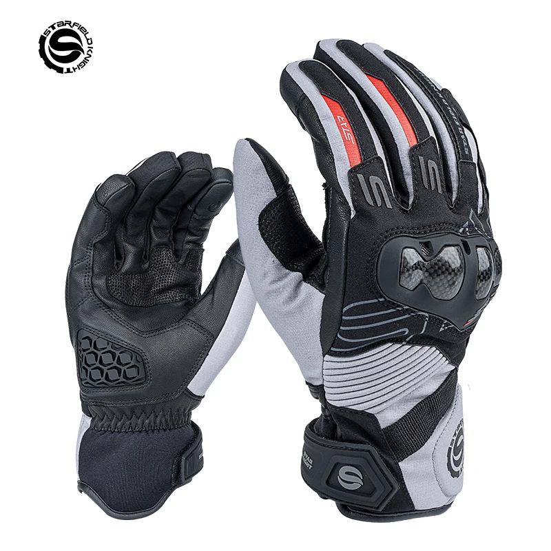 Star Field Knight Gray-black Motorcycle Carbon Fiber Full Finger Real Goatskin Leather Gloves Winter Fluff Warm Waterproof Inner