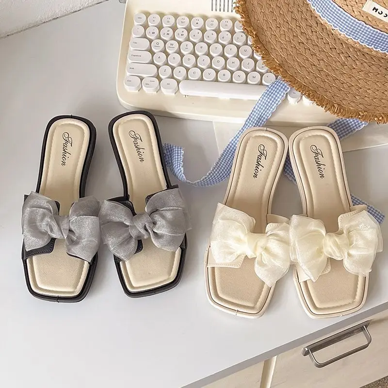 Summer Women Bow Slippers Square Toe Design Soft Sole Home Beach Outdoor Ladies Slide Sandals 2026 New