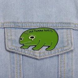 Crying Green Frog Enamel Pins Custom MY TUMMY HURTS Brooches Lapel Badges Cartoon Animal Jewelry Gift for Kids Friends
