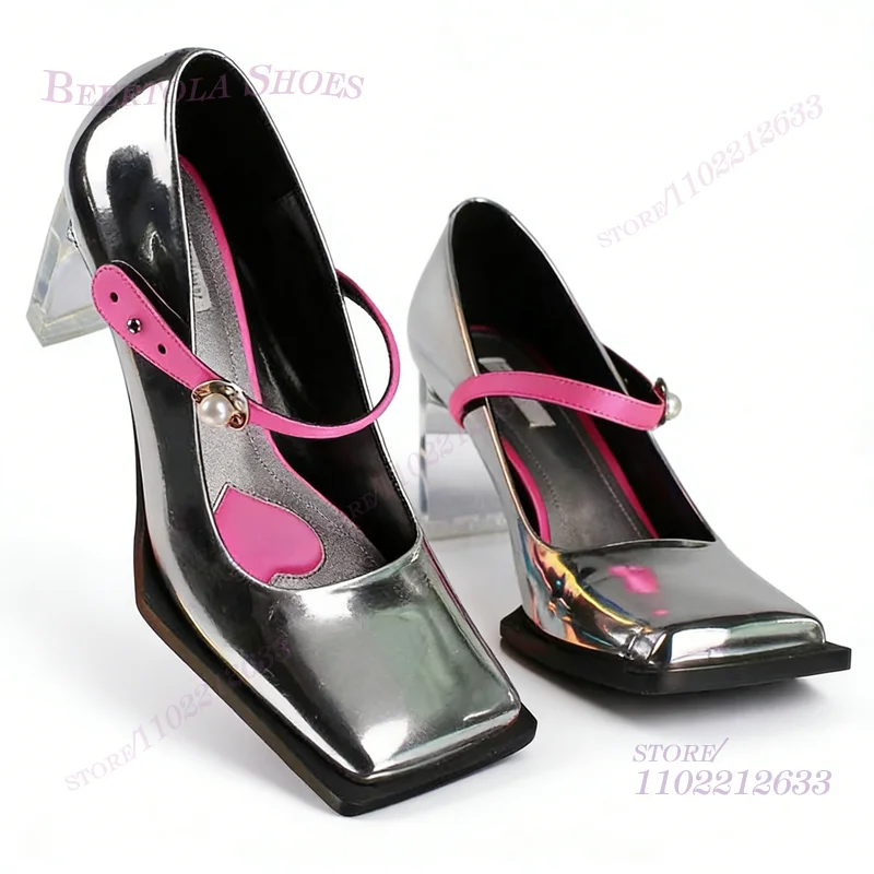 

Silver Metallic Square Toe Pump Girl Black Leather Sugarbaby Sandals Crystal Fretwork Heels Pink Strap Hollow Party Woman Shoes