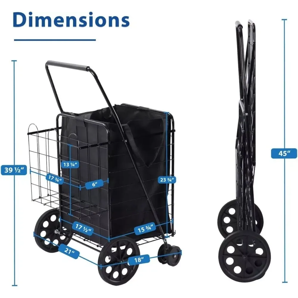 عربة تسوق قابلة للطي مع سلة مزدوجة وعجلات دوارة #2