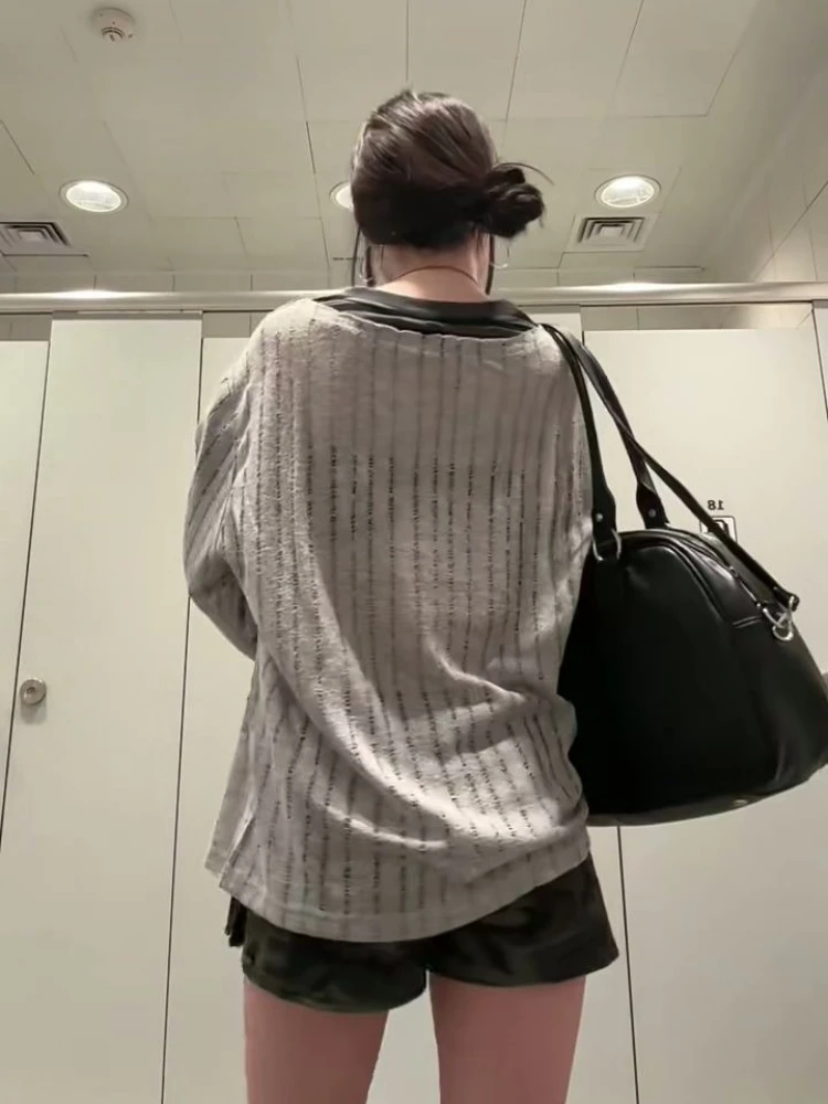 

American Vintage Round Neck T-shirt Fashion Pure Color Stripe Subculture Long Sleeve Slim Spicy Style Fake 2 Piece Blouse Autumn