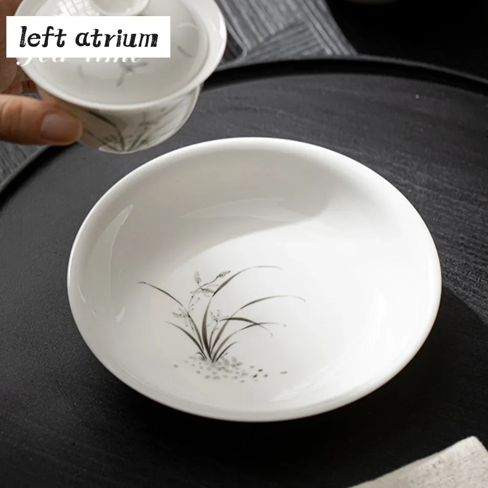 Simple Pure Hand Painted Tea Trays Orchid Round Pot Bearing Cremic White Porcelain Household Soaking Chinese Tea Pastry Plate