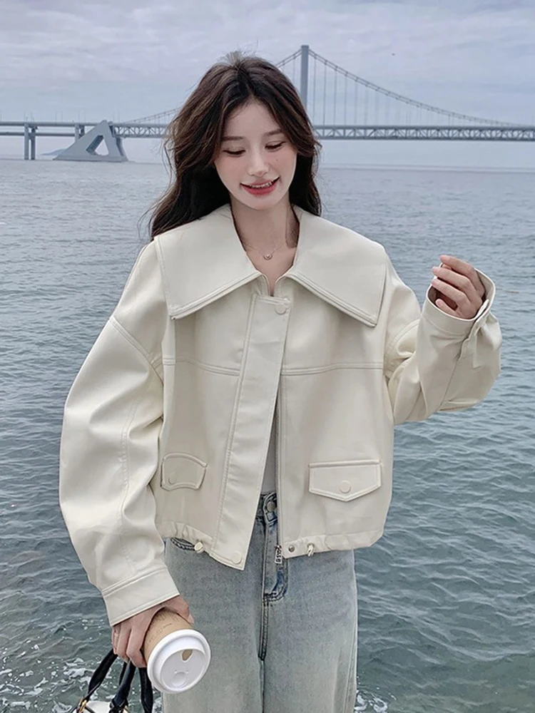 Sweet Chic Jacket Women Loose Preppy Style Fashion Elegant Short Coat Fall Long Sleeve Big Turn Down Collar Zipper Outwear Tops