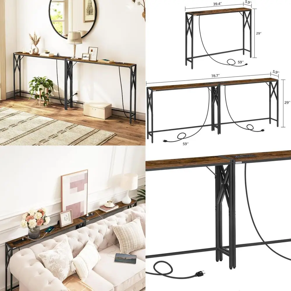 

2-Piece Slim Console Tables with Charging Ports, 78.7 Long, Rustic Brown Finish for Entryway and Living Room