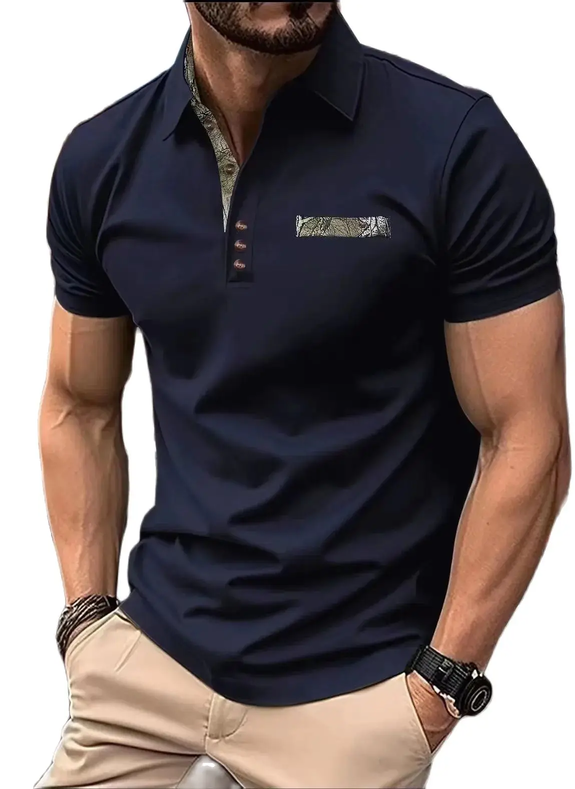 Camiseta masculina de manga curta com colarinho, tecido de malha respirável, ajuste elástico, estilo casual, adequado para uso ao ar livre, verão