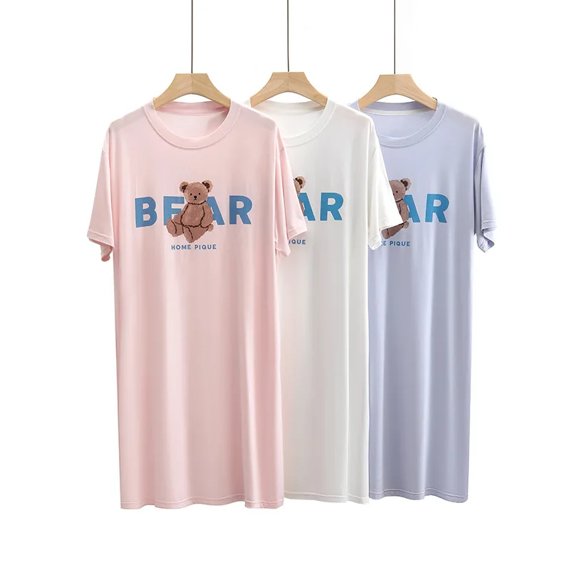 

Летняя причудливая ночная рубашка с медведем, модальная одежда для сна длиной миди, дышащая женская домашняя одежда с буквенным принтом, домашнее платье