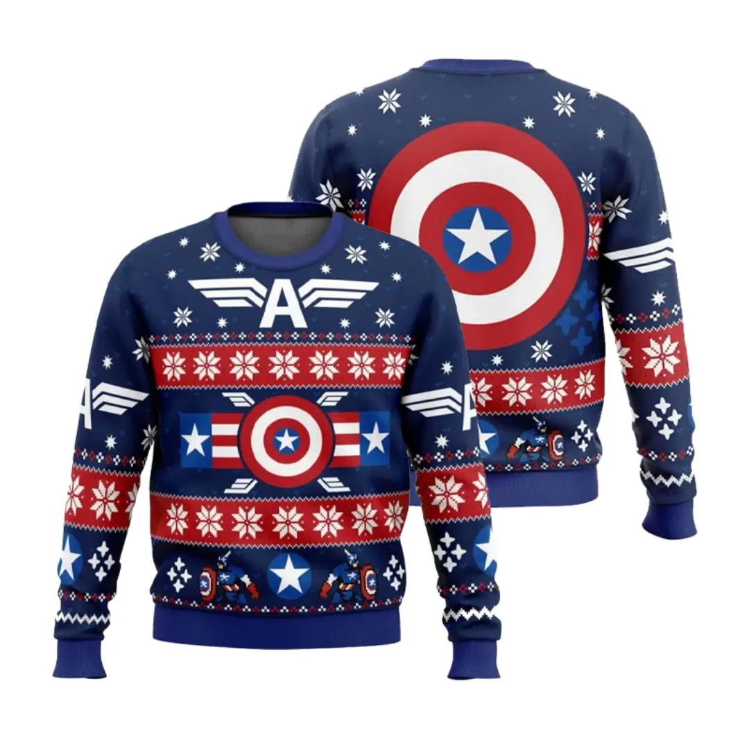 

Зима 2022, Marvel Капитан Америка, уродливый рождественский свитшот с круглым вырезом и принтом, детские толстовки Y2K, мужские и женские толстовки