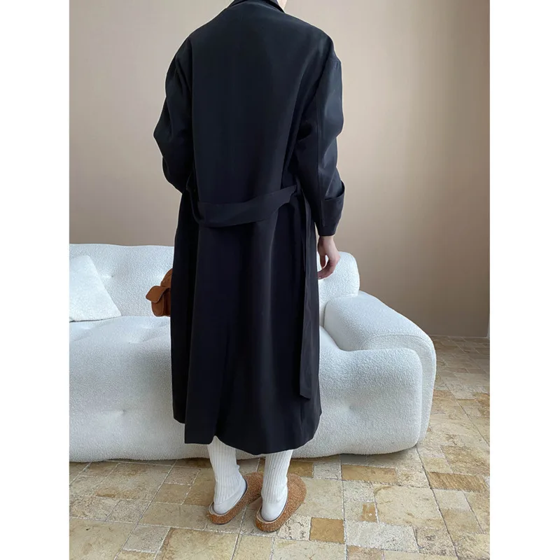 EAEOVNI Autunno Temperamento Trench lungo Donna Cintura tinta unita Doppio bottone Giacca a vento moda Versatile 2025 Nuovi vestiti