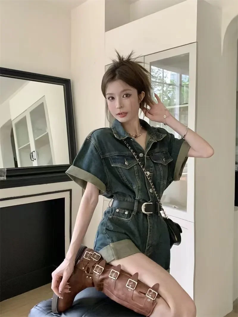 

Новый летний джинсовый комбинезон, женский универсальный комбинезон с короткими рукавами и талией в стиле ретро, шорты, модный костюм