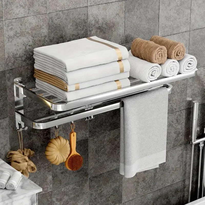 

Stainless Steel Towel Rack Double Layer with Movable Hook Foldable Bath Hanger Shower Clothes Shelf Bathroom Storage Accessories