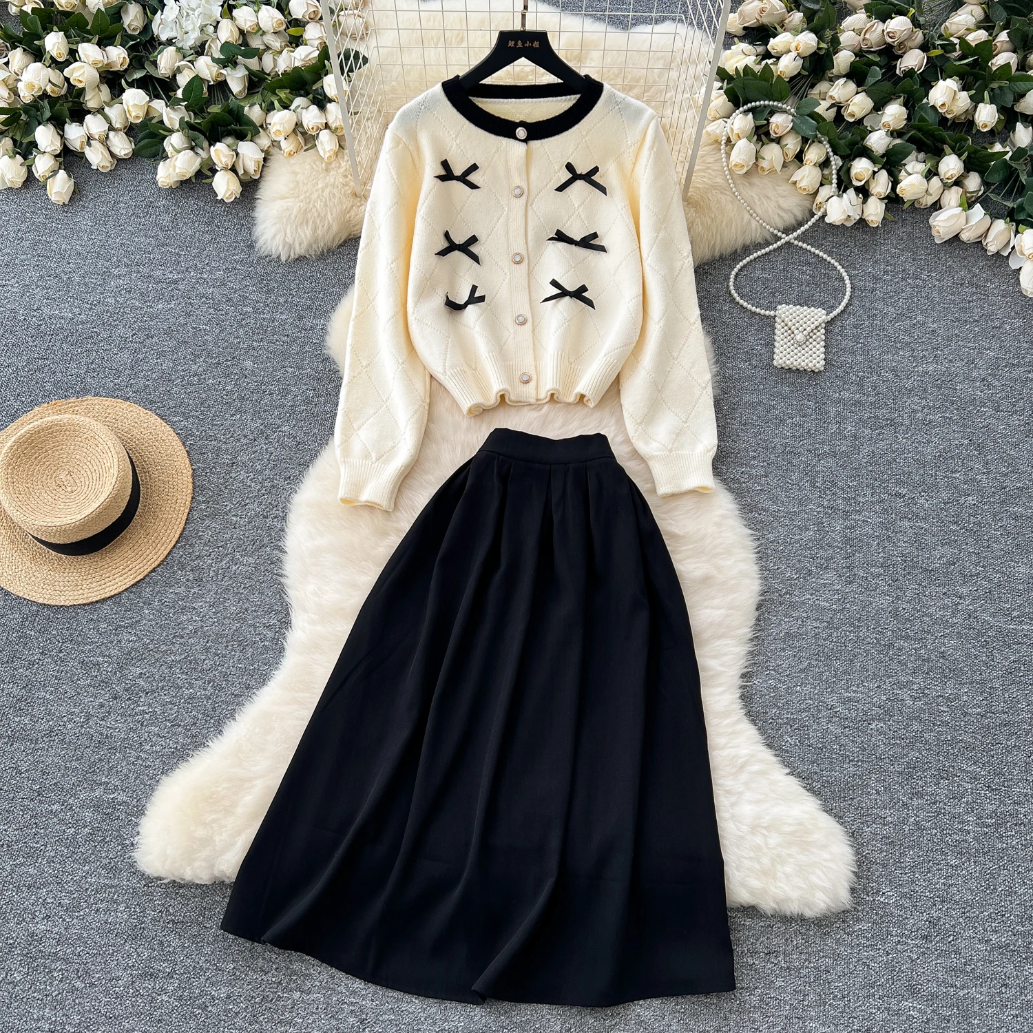 Chic Women Two-Piece Sets Vintage O-neck Single Breasted Butterfly Knit Top High Waist Skirt Korean Winter High Street Clothing