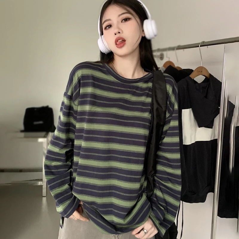 Spring Autumn Women Harajuku O Neck Striped T Shirt Long Sleeve T-Shirts Korean Casual Oversized T Shirt Femme Tops