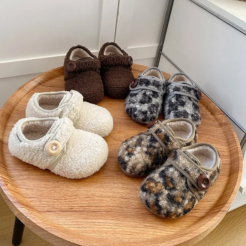 

Korean-style Winter New Children Fashionable Leopard Print Plush Cotton Shoes Universal Cotton Drag Luxury Buckle Design
