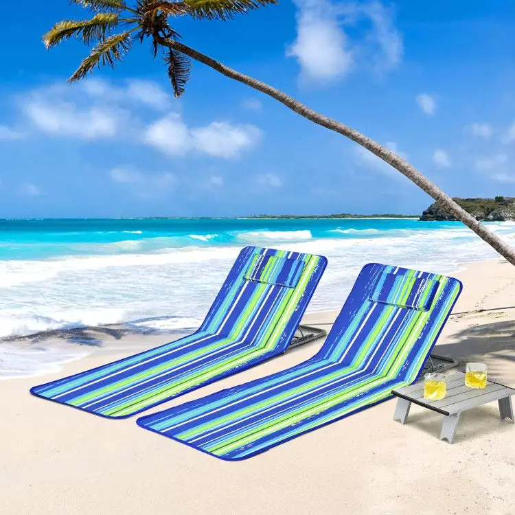 3-Piece beach lounger mat including 2 striped adjustable loungers and table