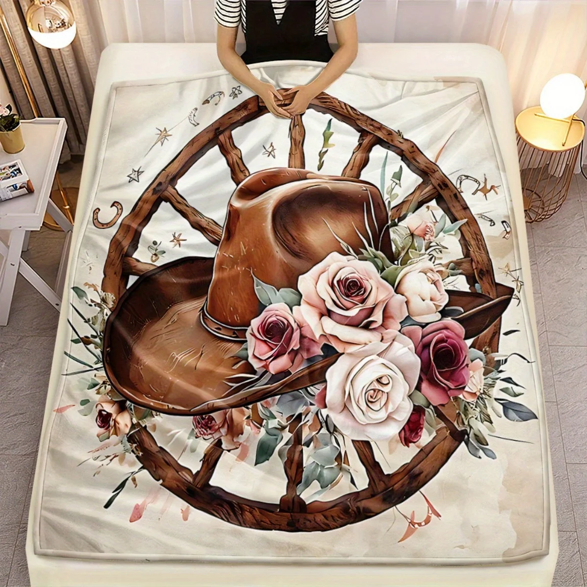 Retro Watercolor Cowboy Hat Blooming Flower Wooden Wheel Pattern Flannel Blanket Cozy Plush Bedspread Portable Travel Blanket