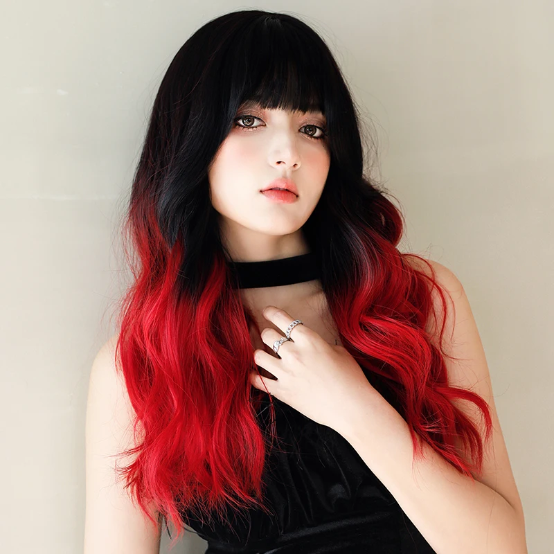 NAMM Long Wavy Ombre Black Wig for Women Daily Party Natural Synthetic Red Hair Wig with Fluffy Bangs Heat Resistant 25inch