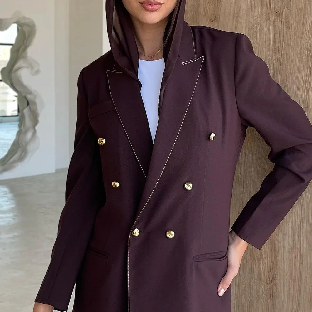 Blazer panjang Formal dua baris warna Solid kerah puncak setelan Wanita 1 potong jaket panjang kostum wanita Muslim Abaya mewah