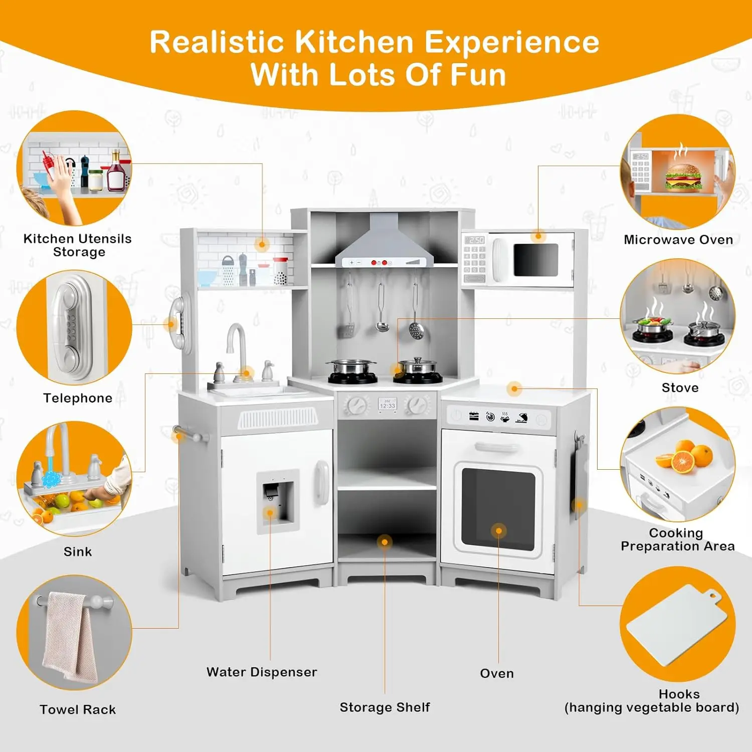 Kids Play Kitchen,Corner Wooden Pretend Toddler Kitchen Toys Playset, Realistic Lights & Sounds,Microwave Oven,Water Dispenser,