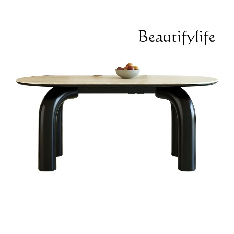 X35 French Cream Wind Tunnel Stone Slate Dining Table Design Small Apartment Rectangular Dining Table Kawaii Decor