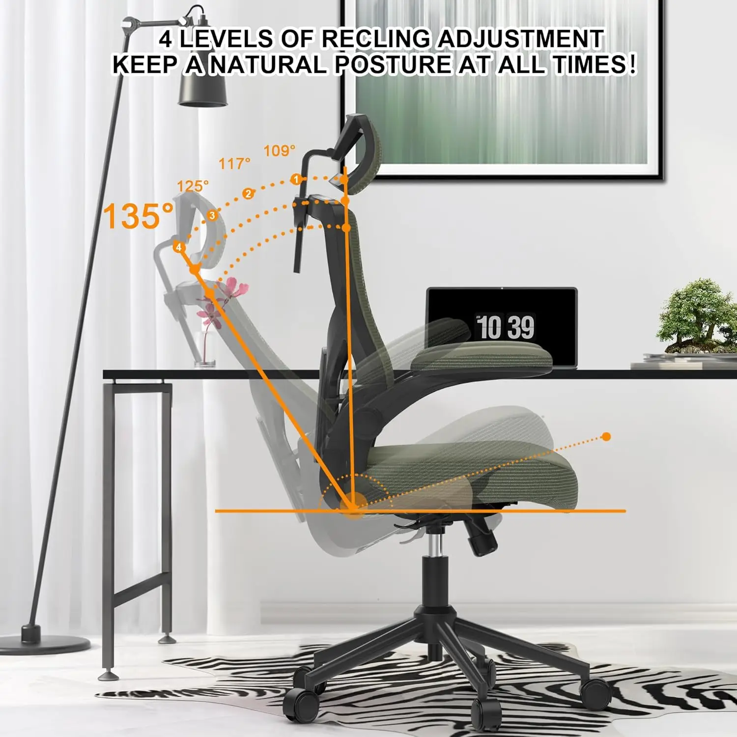 High Back Computer Chair- Adjustable Headrest With Flip-Up Arms Swivel Executive Task Chair (Hunter Green Modern) Lumbar Support