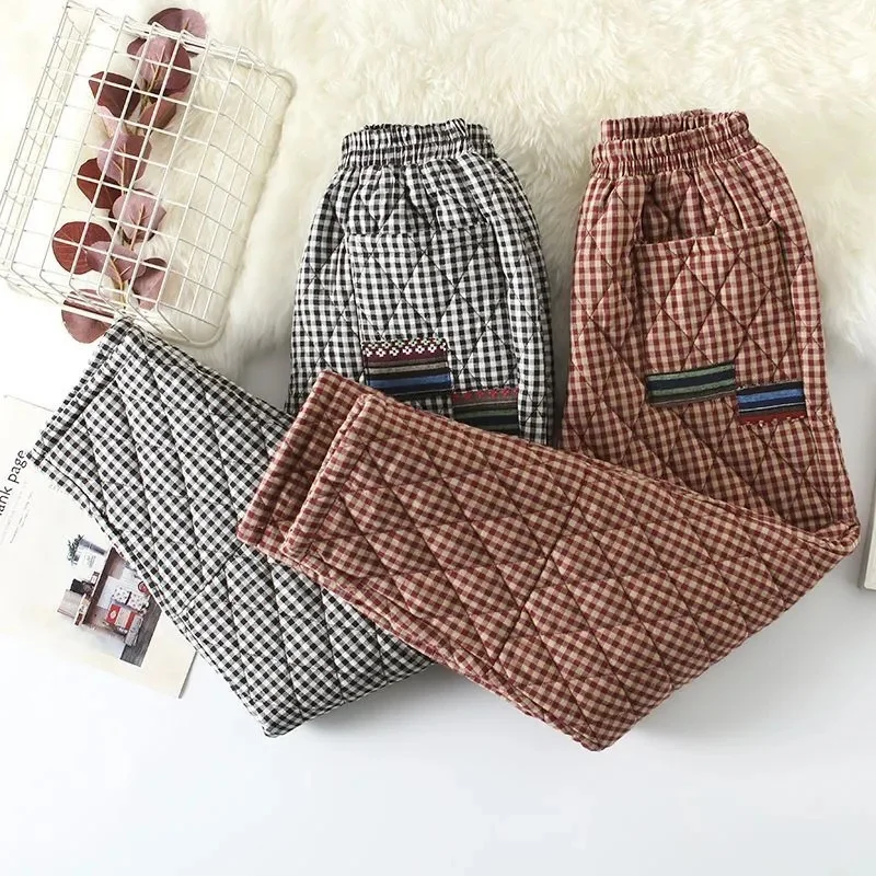 Middle-age Women's Winter Cotton Fabric Cotton-padded Pants Retro Plaid Harem Pants Female Oversize Loose Warm Casual Trousers