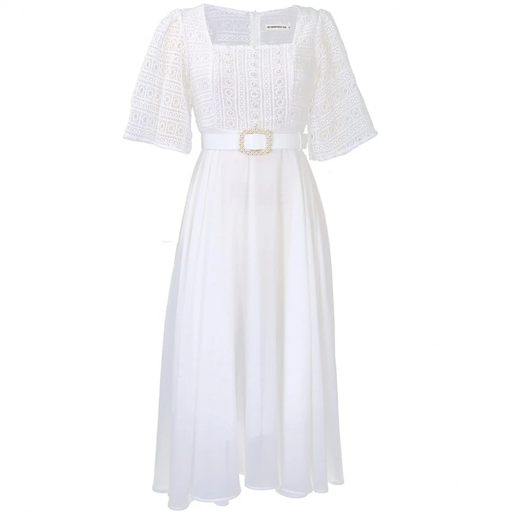 

African Dresses For Women White Black Short Sleeves See Through Elegant Pleated Buttom Up Modest Midi Robes Classy Large Size