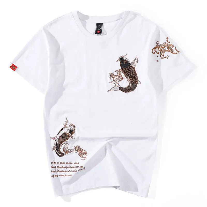 

Men's Koi Fish Embroidery T-Shirt 100% Cotton Oversized Loose Fit Summer Streetwear Male T-Shirt Chinese Style Top Plus Size Tee