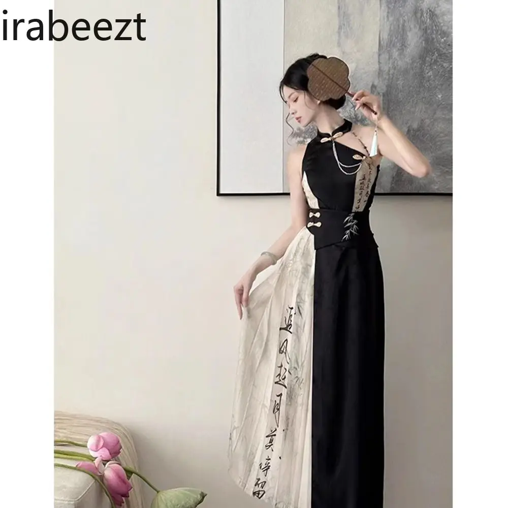 

Новинка китайский стиль древний закон Чонсам Улучшенный Молодежный черный длинный халат с воротником высокий стиль рукава летучая мышь женский