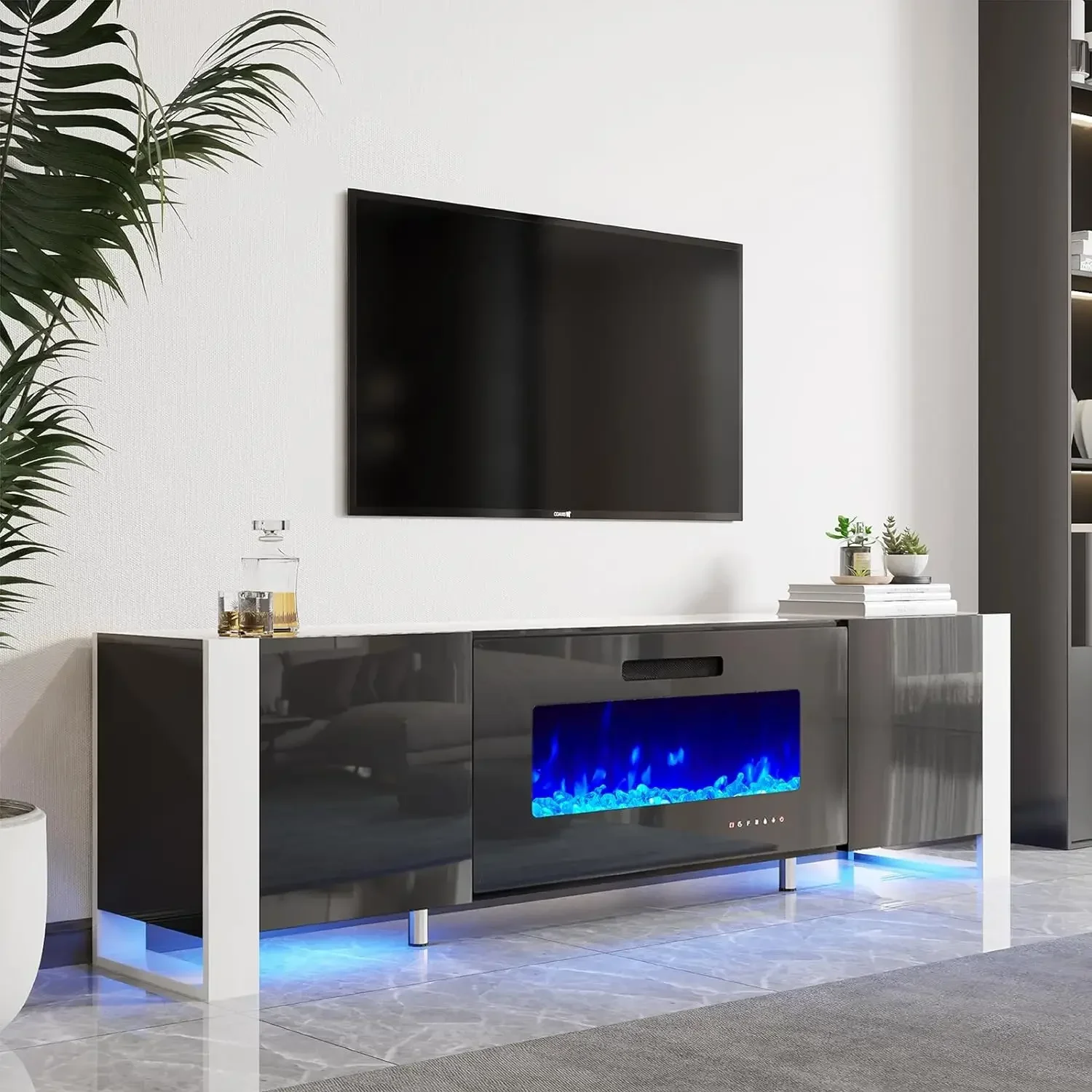 Fireplace TV Stand with 40" Fireplace, 80" Modern High Gloss Entertainment Center LED Lights