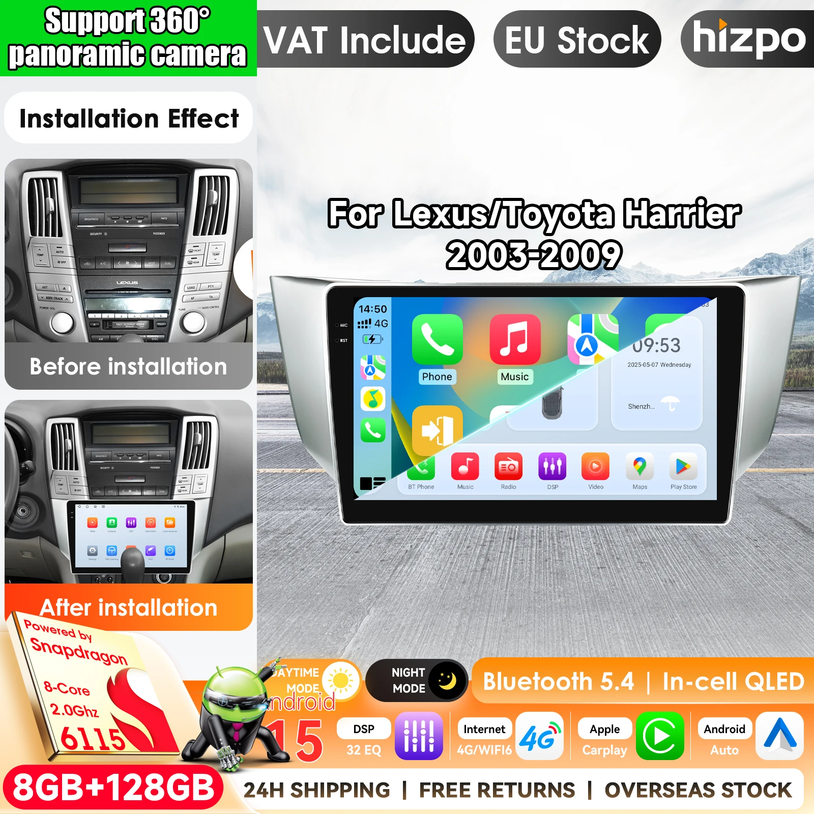 Autoradio Android 15 con Wi-Fi e 4G, compatibile con CarPlay, per Lexus RX300 RX330 RX350 RX400H 2003-2009, con navigazione GPS, lettore stereo multimediale, sistema intelligente Apple CarPlay,