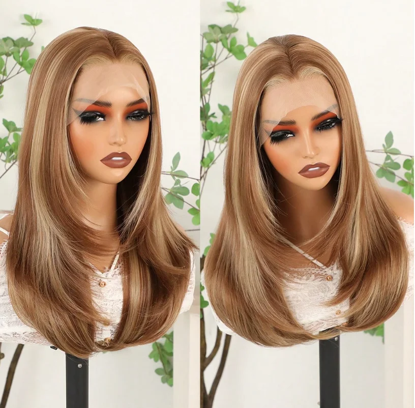 Golden Blonde Brown Ombre Synthetic Wig for Women Long Straight Fake Hair Heat Resistant for Daily Party Use