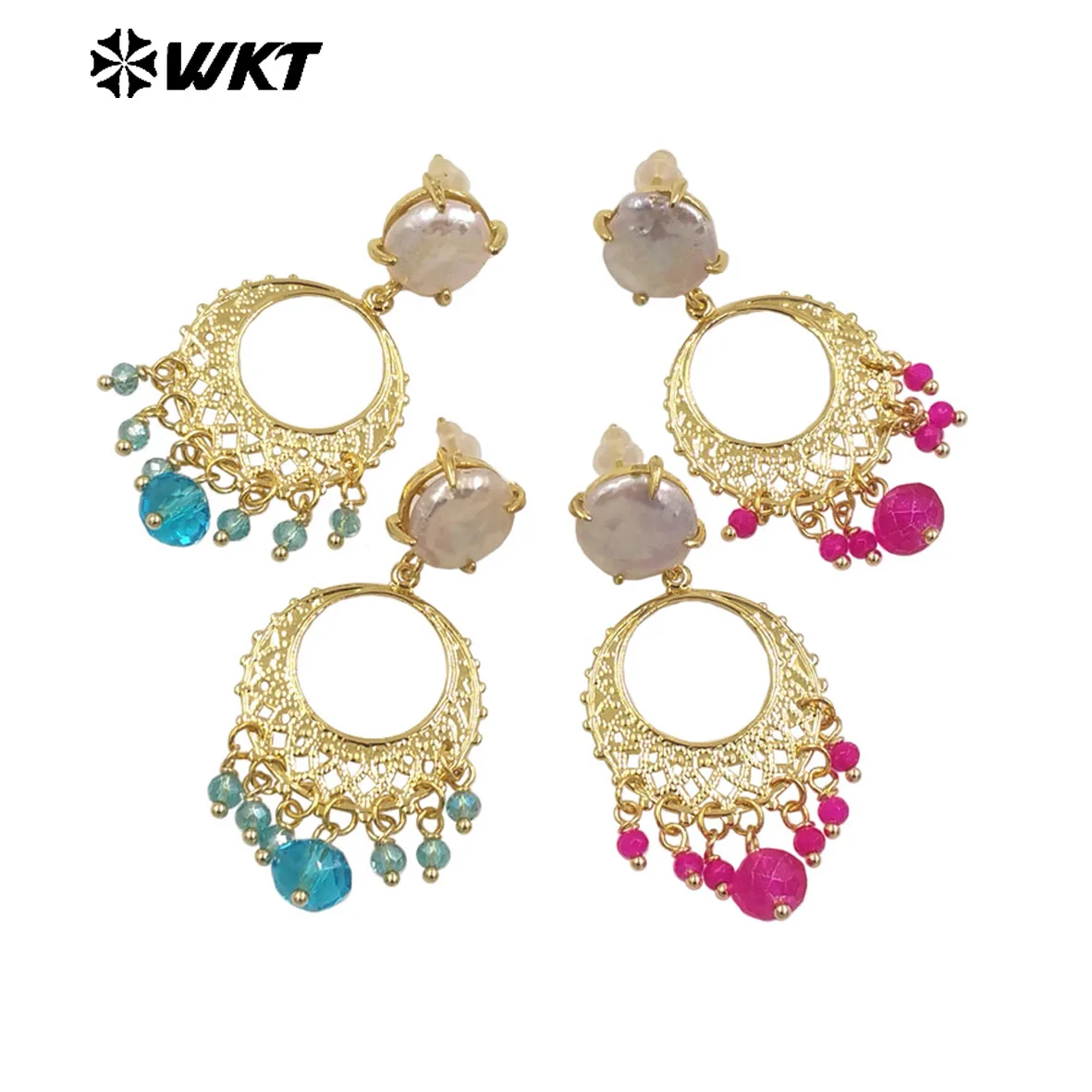 WT-MPE133 Classic Beautiful Colored Stone Beads With Freshwater Pearl And Special Design Exotic 18k Women Earring