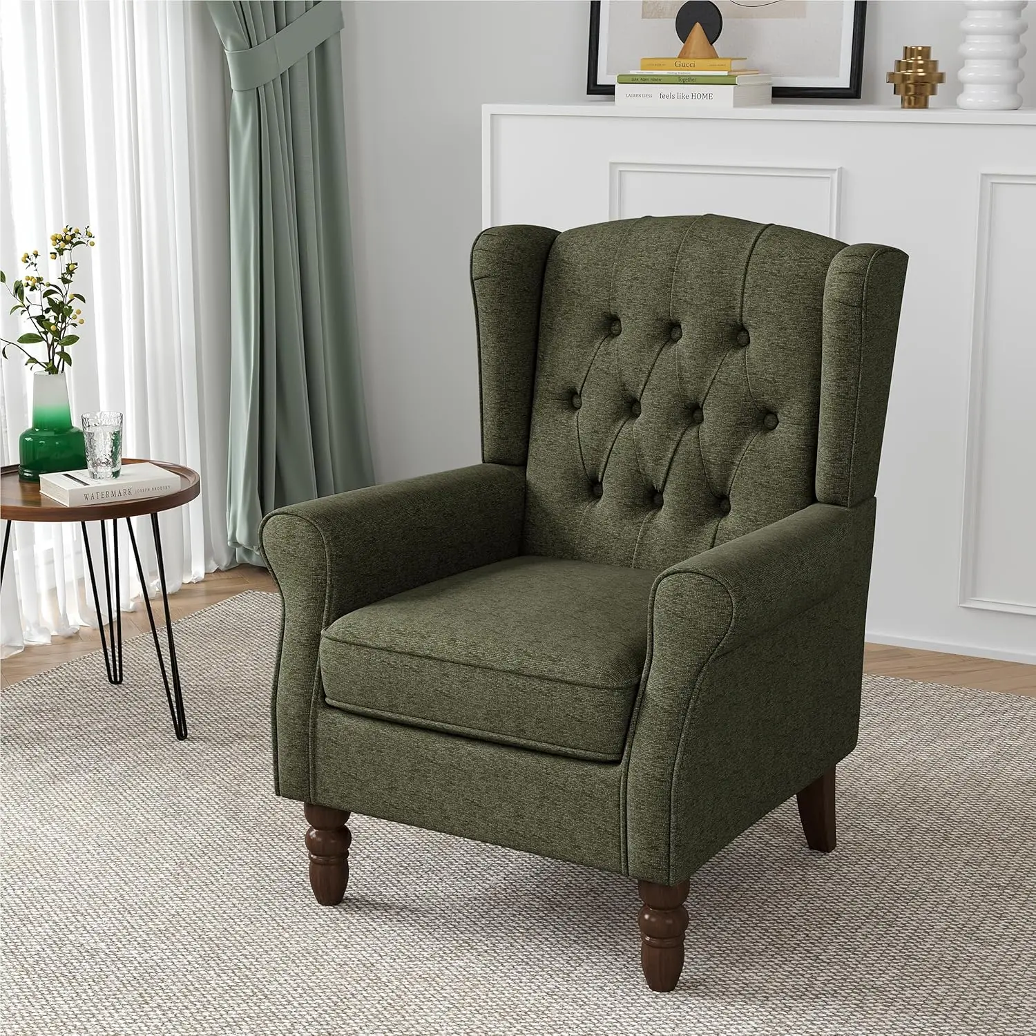 Green Fabric Wingback Accent Chair for Living Room and Bedroom, Button-Tufted with Solid Wood Legs