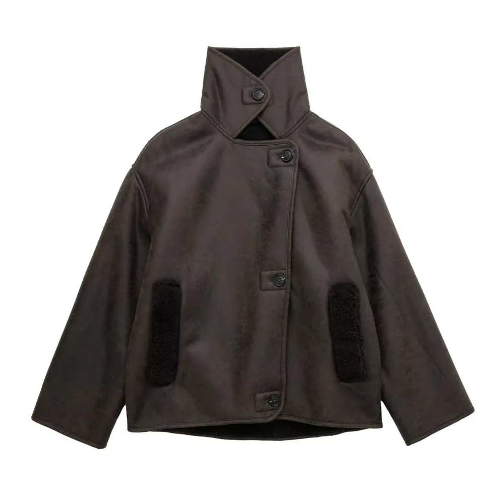 PULABO 2024 High Quality Winter Women Vintage Long Sleeve Warm Faux Fleece Jacket Coat Female Casual Solid Pocket Outwear Tops
