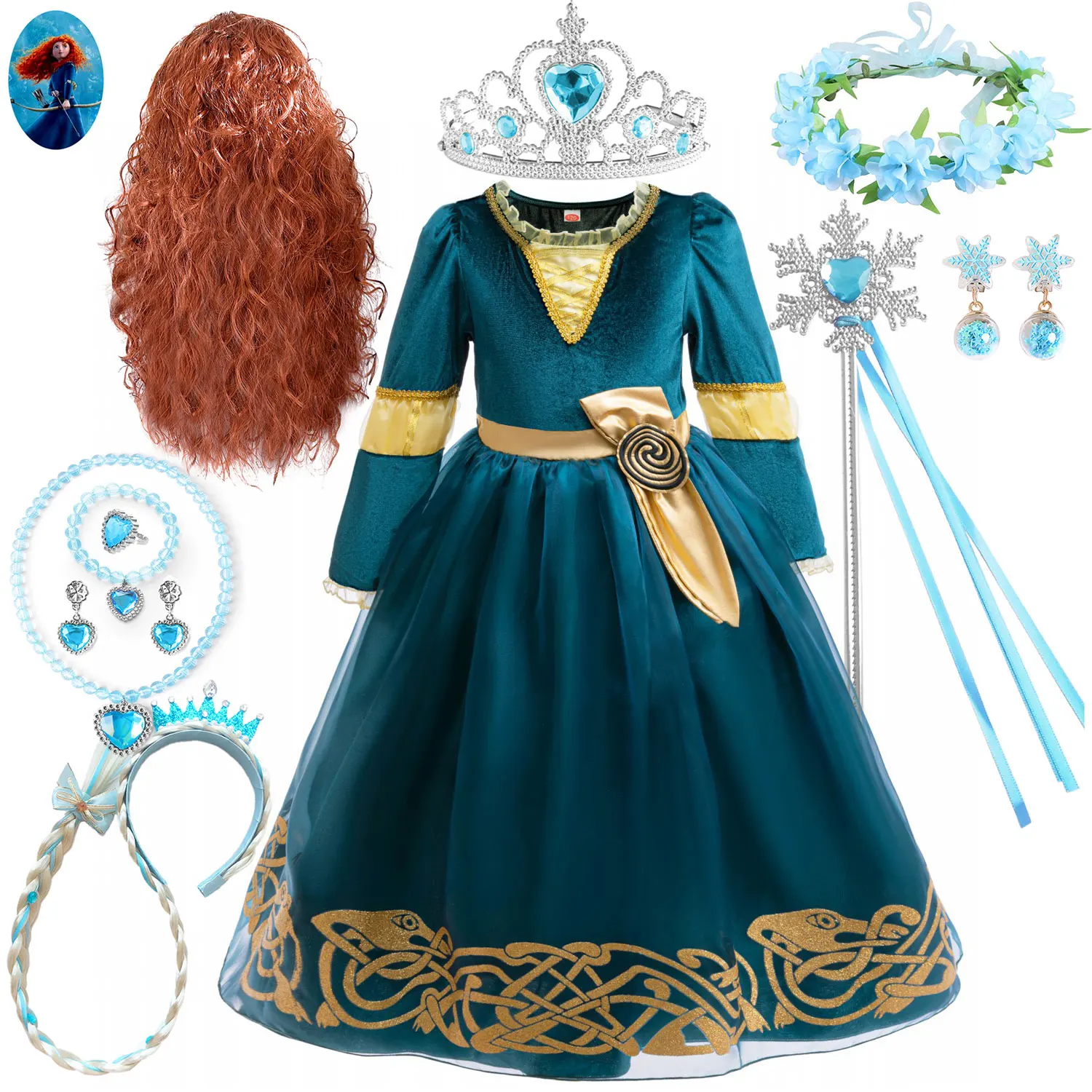 Vestido de princesa Merida Brave the Heart para niña, disfraz de princesa + accesorios, conjunto de fiesta de Carnaval de Navidad de Disney