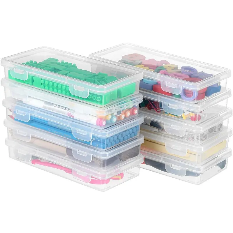 Transparent Plastic Pen Box, 3 Sizes Available, Flat Stackable Rectangular Storage Case for Stationery, School Office & Home Use