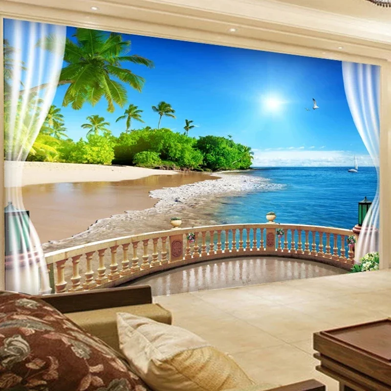 Custom 3D Wall Wallpaper Painting Balcony Window Sea View Large Mural Beach Landscape Living Room Bedroom Papel De Parede Tapety