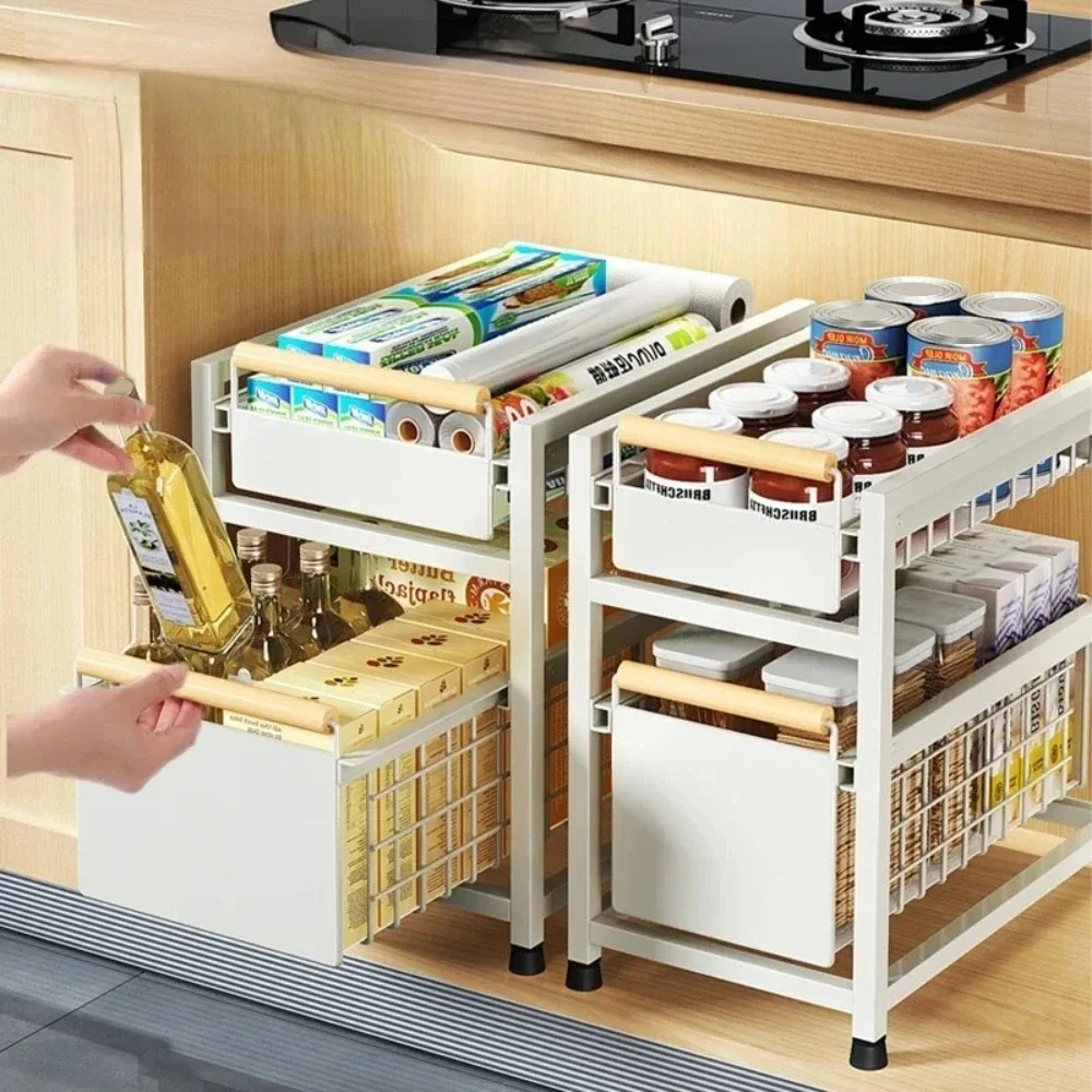 Kitchen Pull-Out Layered Racks Kitchen Sink Storage Rack Under Sink Organizer Rack 1/2 Tier Basket Drawer Organizer Storage Rack