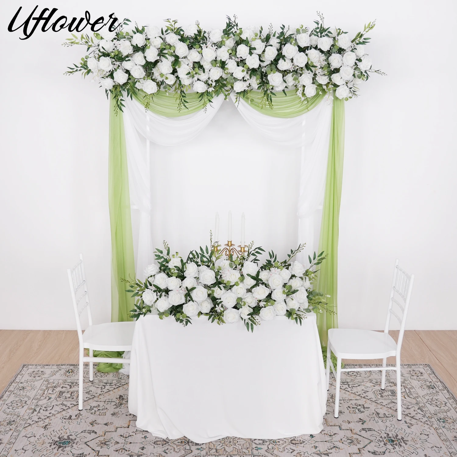 

Uflower 100cm White DIY Wedding Flower Row Arrangement Supply Silk Rose Artificial Floral Wall Decor Marriage Iron Arch Backdrop