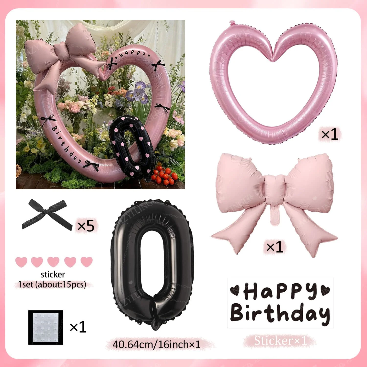 Rosa herzförmiges Ballon-Set mit Schleife, digitalen Herzballons und Geburtstagsaufklebern für Geburtstags- und Jubiläumsdekorationen – Detail 8